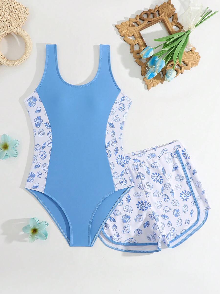 SHEIN Teen Girls Blue One-Piece Swimsuit & Shorts Set,Cute Shell Print Knit Fabric Bathing Suits,Full Coverage Summer Beach Holiday Swimwear For Tweens