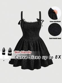 SHEIN CURVE+ 加大码/情人节/女士加大码提花蝴蝶结腰带连衣裙、毕业礼服、女士生日礼服、女士束身连衣裙 - 黑色 - 查看 1