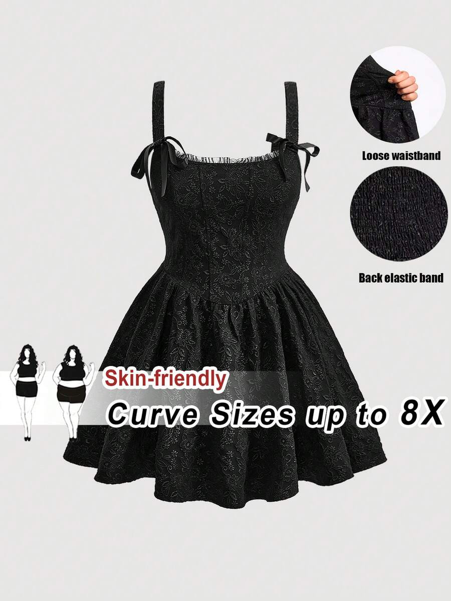 SHEIN CURVE+ 加大码/情人节/女士加大码提花蝴蝶结腰带连衣裙、毕业礼服、女士生日礼服、女士束身连衣裙 - 黑色 - 查看 1