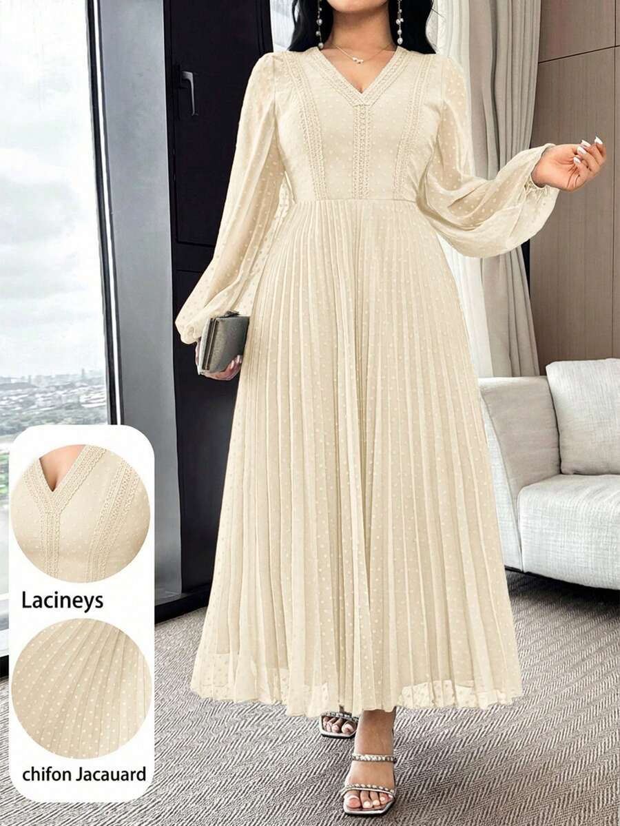 Feyla 女士优雅通勤纯色波点褶皱长裙 - 杏色 - 查看 1