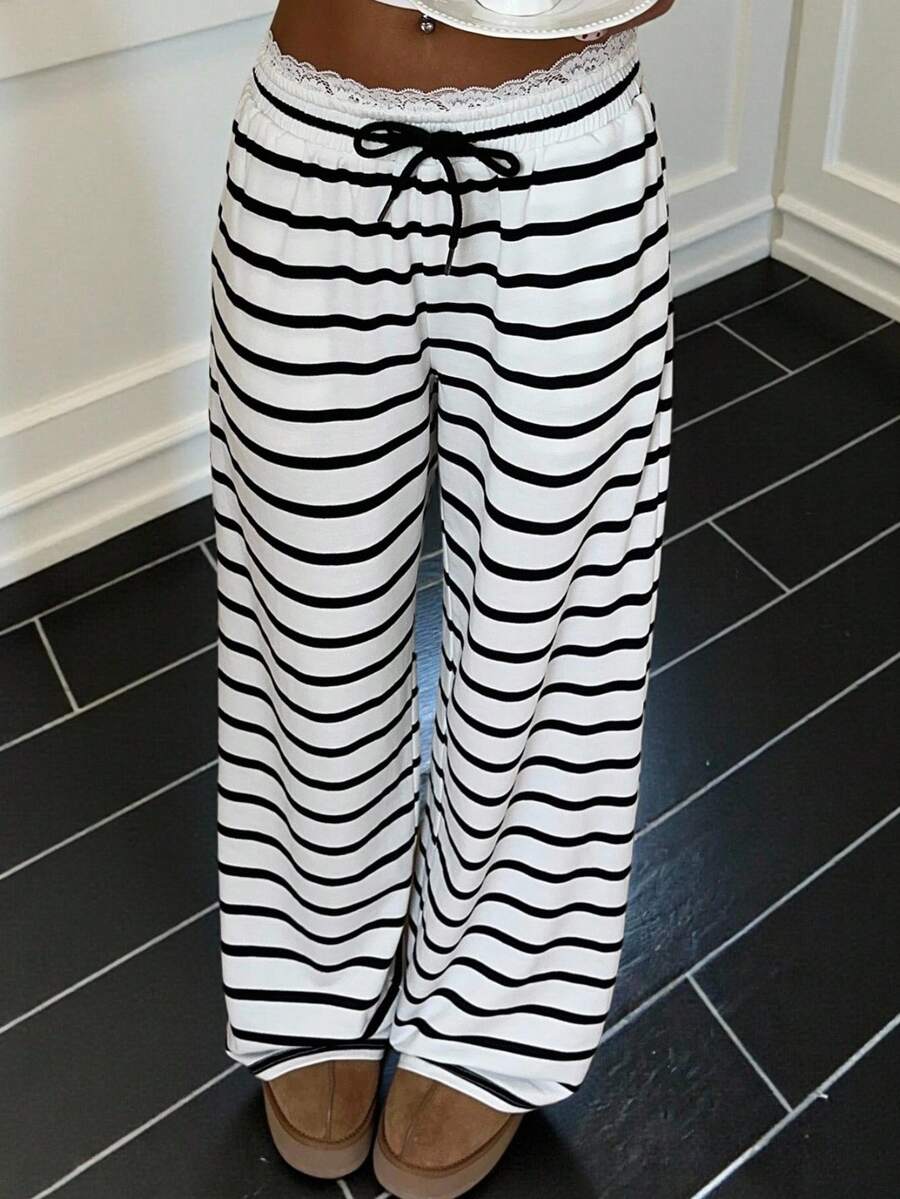 SHEIN EZwear 女士条纹蕾丝边抽绳腰带口袋休闲百搭阔腿裤 - 黑色 - 查看 1