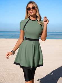 Swim Mulvari 2pcs/Set New Solid Color Patchwork Short Sleeve Beach Dress With Zipper Back, Elegant Ladies Swimsuit - Multicolor - View 6