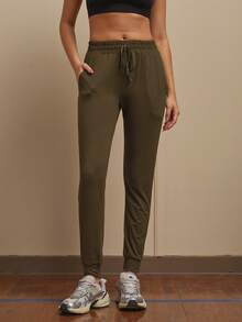 SHEIN Cheerettes 柔软纯色弹力腰带抽绳口袋休闲舒适透气运动裤 - 軍綠色 - 查看 3