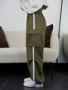 SAYEHFBABY Women's Fall/Winter Back To School Streetwear Sport Basic Flap Pocket Side Drawstring Waist Parachute Grey Cargo Pants - Army Green - View 6