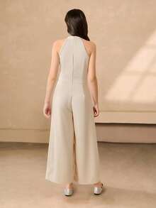 Juniors' Sleeveless Apricot Wide Leg Flare Pants, Elegant Romper With Zipper Back Design, Comfortable Woven Fabric, Suitable For Daily, Gatherings And Events In Spring/Summer Junior Bridesmaid Dress - Beige - View 2