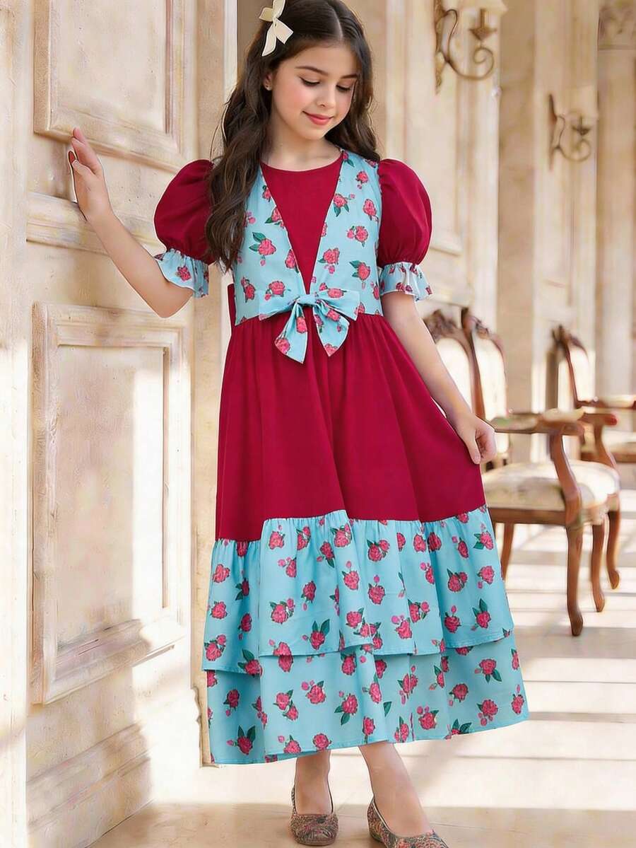 SHEIN Tween Girl Ditsy Floral Fitted Casual Round Neck Chiffon Dress, Sibling Outfits, Sisters Outfit, Suitable For Daily Wear, Festivals, Family Gatherings And Special Occasions, Spring And Summer, Perfect For Vacations - Red - View 1
