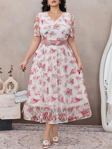 Modelyn Plus Size Lace Print Short Sleeve A-Line Bowknot Dress - Multicolor - View 3