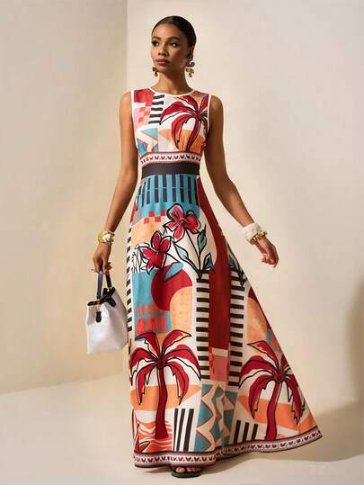 Zivah 2025 Summer New Arrival Music Festival, Easter, St. Patrick's Day, Western, Nomadic, Birthday Party, Graduation, College Style, Student, Daily Wear, Basic Versatile, Casual, Vacation, Cruise Travel, Beach, Sunbathing, Viral , Streetwear Plus Size Women's Tropical Rainforest Combination Pattern Placement Print Sleeveless A-Line Maxi Dress