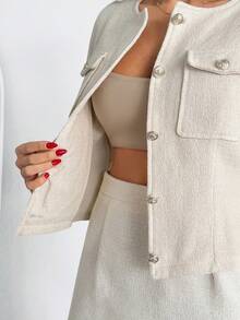 EURMUSE Women's Tweed Two Pieces Set – Button Front Crop Jacket And High Waist Mini Skirt, Chic Casual Co-Ord Outfit - White - View 8