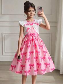 SHEIN 两件套少女优雅短袖串珠上衣搭配印花连衣裙，配腰带，适合春夏、假日、夏季、旅行穿着。 - 粉色 - 查看 4