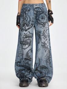 ROMWE Grunge Punk Nautical Punk Ocean Element Print Loose Wide-Leg Jeans