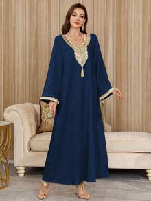 Al Najma 女士V领刺绣花卉宽松长款束腰连衣裙 - 寶藍色 - 查看 6