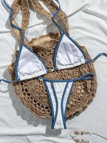 SHEIN Swim 歐美新款性感比基尼套裝女款，綁帶貝殼裝飾三件式泳衣，性感繃帶丁字褲比基尼 - 白色 - 查看 2