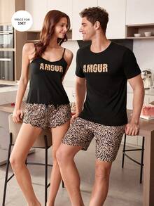 CoupledUp Bộ đồ ngủ nam tay ngắn, quần short, họa tiết da báo, chữ cái, kiểu dáng thường ngày. - Nhiều màu - Xem 6