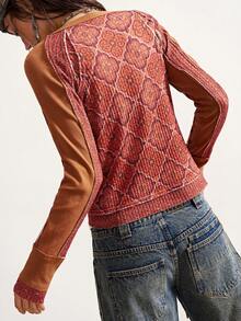 Bohemela 女士休闲针织拼接长袖圆领修身水洗T恤 - 黃色 - 查看 7