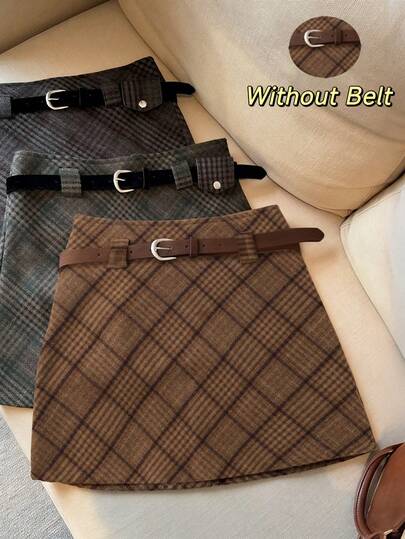 Franclia French Retro Plaid Woolen High Waist A-Line Skirt Plaid Skirts Belt Skirt Mini Skirt Brown Plaid Skirt Women's Mini Skirt