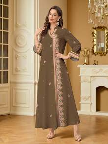 SHEIN Najma Women's Shiny Faux Diamond Print V-Neck Long Sleeve Dress, Elegant For Spring/Summer - Multicolor - View 4