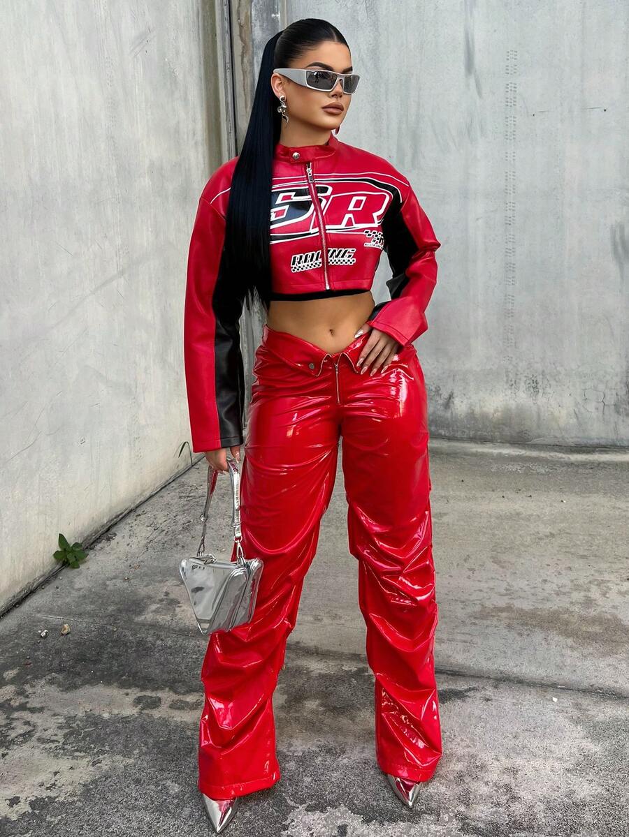 Dayanna Comas Y2k紅色摺疊低腰修身pu長褲 - 紅色 - 查看 1