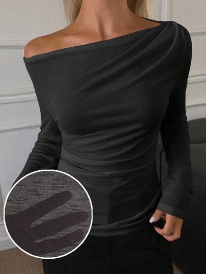 DAZY Elegante City Casual Slim Fit T-shirt met lange mouwen en off-shoulder voor dames