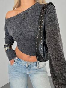 SHEIN EZwear Casual Versatile Short Fitted Knit One-Shoulder Women T-Shirt - Black - View 6