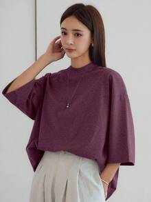 Livesso 春夏寬鬆商務休閒時尚辦公穿搭街頭風女款短袖T恤 - 中紫紅色 - 查看 5