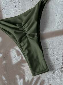 Swim Chiccia 1件装女士纯色丁字裤比基尼泳裤，简约设计 - 軍綠色 - 查看 6