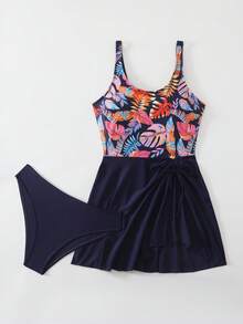 Swim Lushoire 2026 Women Summer Beach Holiday Navy Blue Tropical Random Print Dress Style Mature Fashion Camisole Strap Bikini With Bottom Swimsuit Set - Multicolor - View 5