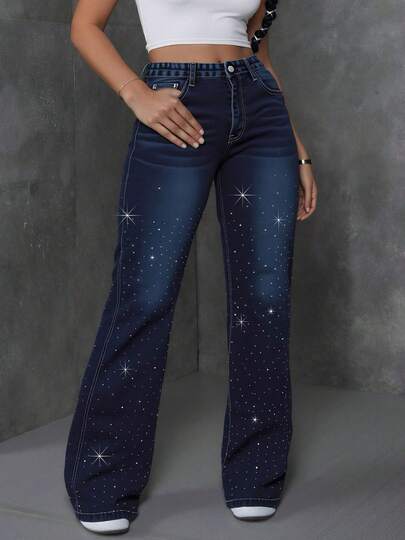Pantalones Rectos con Piedras Brillantes Estelares de Color Azul Oscuro para Mujer, Pantalones de Moda