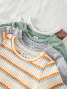 SHEIN 4件套男女宝宝可爱动物印花短袖针织T恤套装，春夏宝宝服装 - 彩色 - 查看 6