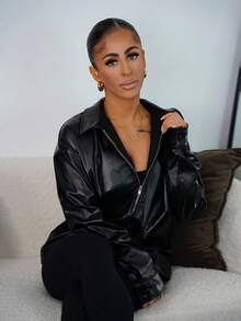 SAYEHFBABY Women's Fashion Street Style Black Zip-Up PU Leather Jacket, Autumn, Grunge,Casual,Black,PU,Baggy - Black - View 4