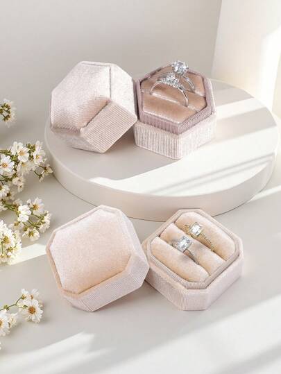 2Pcs, High End Velvet, Hexagonal/Octagonal Double Ring Jewelry Box | Mother's Day | Valentine's Day, Best Friend's Birthday Gift, Etc