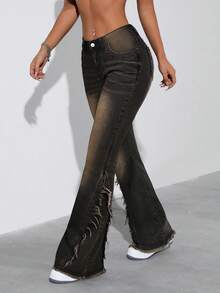 SHEIN ICON Frayed Hem Slant Pocket Fashionable Slim Fit Flare Jeans - Black - View 2