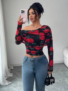 SHEIN Elenzya Élégant Top transparent à manches bouffantes avec imprimé floral, T-shirt pour femme pour la Saint-Valentin - Multicolore - Voir 4
