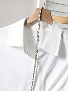 SHEIN Genkimix Kids Female Teenagers' Casual Fashion Lapel Shirt Button Placket Practical Version Loose, Comfortable, Soft, Practical And Versatile, Suitable For Autumn, Spring And Summer, Suitable For Daily Wear, Commuting, Outdoor Play, Sports, School, Streetwear, Parties And Photography - White - View 4