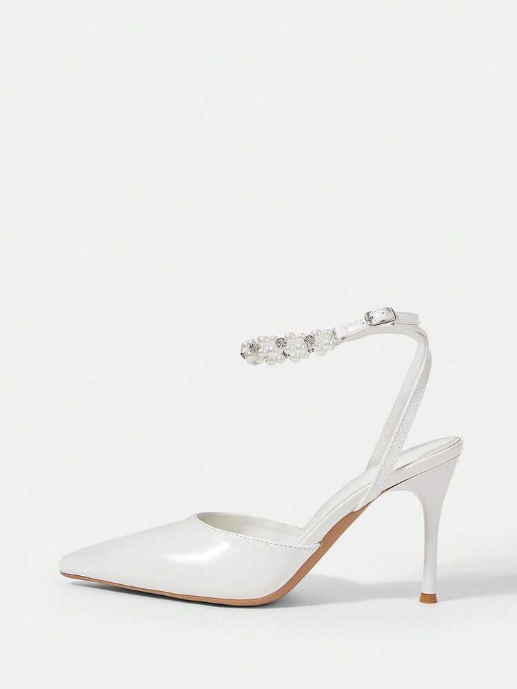 CUCCOO HITCHD Women Shoes Women Pointed Slender Heel White Faux Pearl Women's High Heel Shoes Ankle Strap Slingback Shoes Fashion Sexy Party Banquet Wedding Fashion Simple High Heel Women's Shoes Wedding Shoes Spring Shoes Bride Shoes