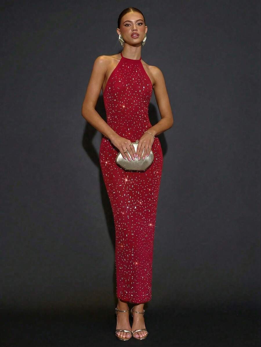 SHEIN BAE Elegant Dark Red Backless Long Bodycon Dress With Rhinestone Decor,Summer Party,Formal Occasions,Cocktail Party,Nightclub,Wedding Bridesmaid - Red - View 1