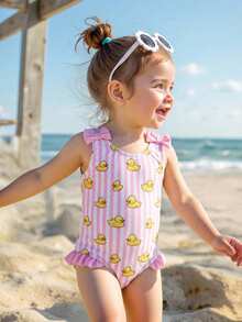 SHEIN This One-Piece Baby Girl Sleeveless Swimsuit Features A Cute And Versatile Duck Pattern, Perfect For Casual Vacations And Spring/Summer.