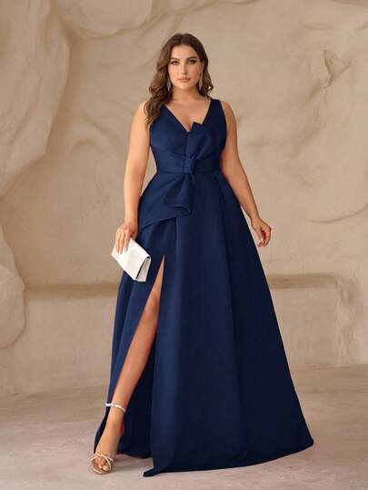 SHEIN Belle Plus Size Fuchsia Deep V-Neck High Slit Asymmetrical Bow Formal Dress, Elegant Evening Gown