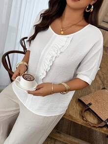Weeklong Áo sơ mi cotton pha lanh màu trắng cỡ lớn - Cổ tròn, tay cánh dơi, viền bèo nhún, dáng rộng, thích hợp mặc hàng ngày, đi làm và đi nghỉ mát. - trắng - Xem 4