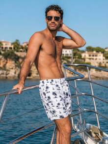 Manfinity Swimmode Men's Palm Tree Print Drawstring Waist Beach Shorts - Multicolor - View 1