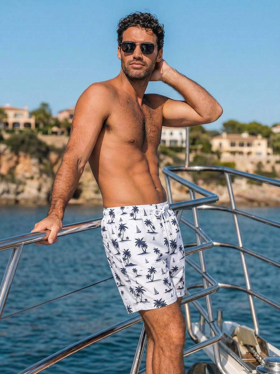 Manfinity Swimmode Men's Palm Tree Print Drawstring Waist Beach Shorts - Multicolor - View 1