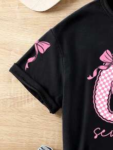 SHEIN T-shirt court décontracté de base pour filles préadolescentes, avec imprimé graphique de numéro 67, nœud en dentelle et slogan. Confortable pour le port quotidien, styles cosy pour l'été et l'automne, convient pour le printemps, l'été et l'automne - Noir - Voir 7