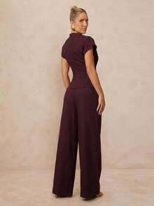 Lumalex Bộ đồ hai mảnh dành cho nữ, gồm áo ngắn tay xếp ly màu đỏ tía thanh lịch và quần ống rộng hai túi màu đỏ tía thanh lịch, thích hợp mặc hàng ngày vào mùa xuân/hè. - Màu tím - Xem 3