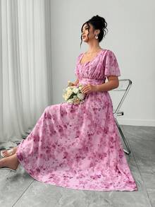 SHEIN Elenzya Đầm xòe cổ chữ V thanh lịch dành cho nữ cỡ lớn, thích hợp cho ngày Valentine. - Hồng - Xem 7