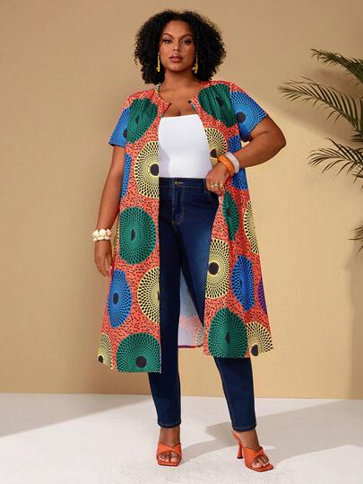 EMERY ROSE Plus Size Women Geometric Print Short Sleeve Single-Breasted Long Jacket For Summer/ Vacation  Summer Outfits Summer Clothes  Spring  Spring Outfit Women Spring Clothes Beach Vacation Outfits For Women Bohemian