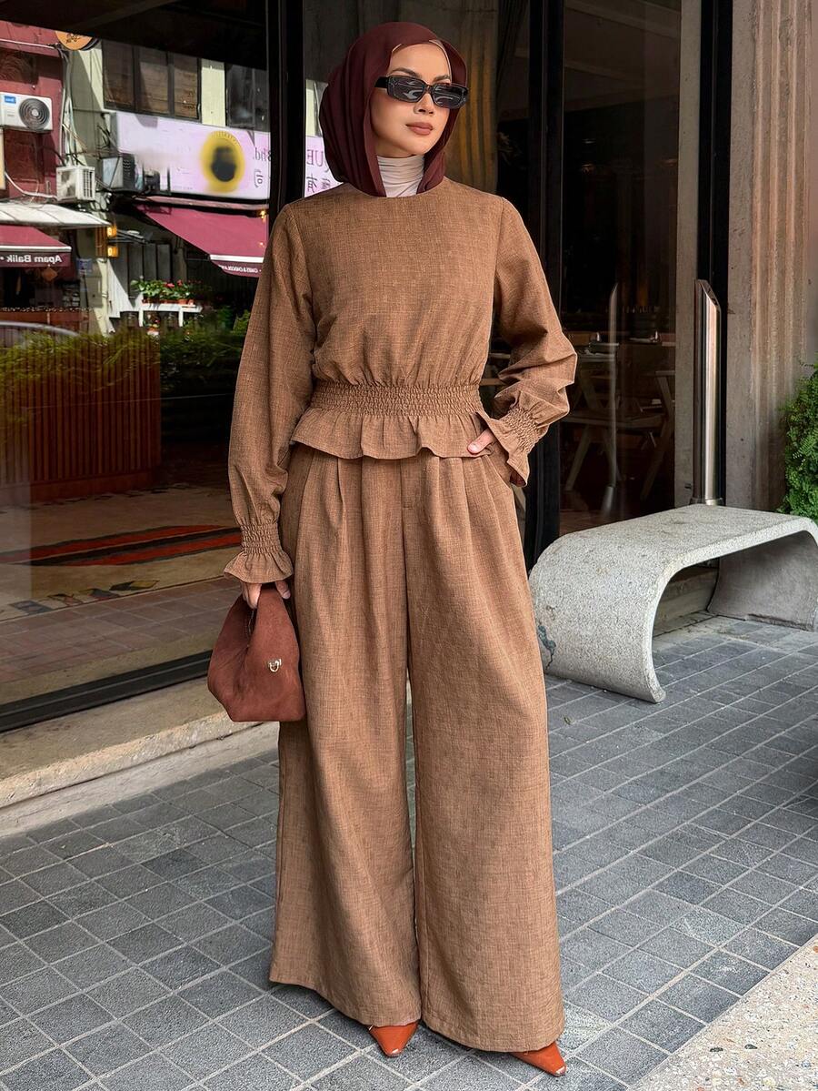 DAZY Women's Elegant Textured Shirt And Wide Leg Pants 2 Pieces Set, Spring/Summer - Coffee Brown - View 1
