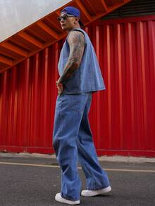 DAZY Men's Solid Blue Washed Denim Top & Pants Suit, Spring/Summer - Blue - View 4