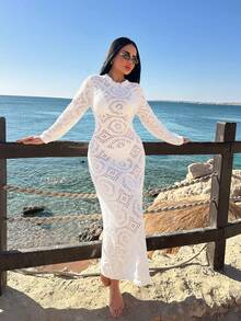 Women's Summer Beach Lace Cut Out Cover-Up Dress - Apricot - View 7