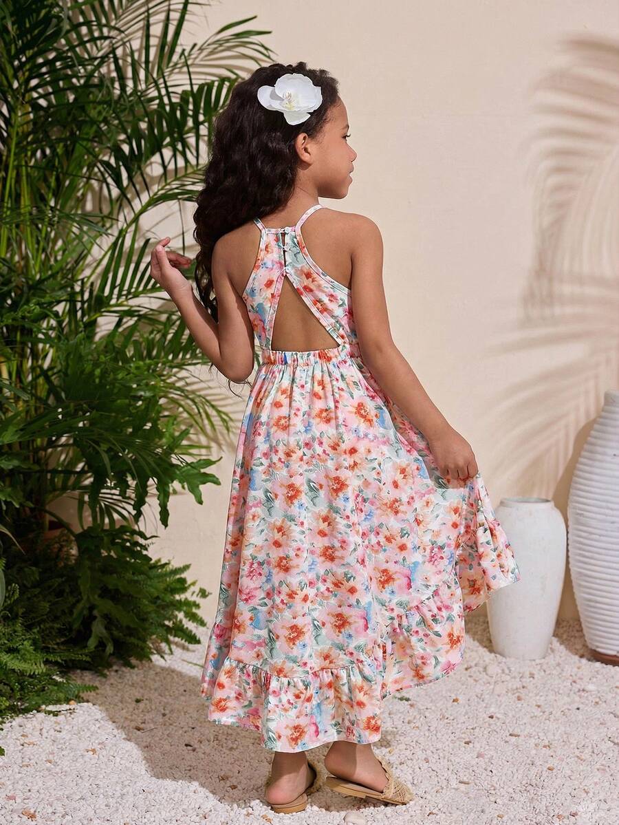 Young Girl Elegant Minimalist Halter Floral Print Sleeveless Dress - Baby Pink - View 1