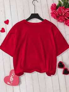 少女红色圆领短袖印花T恤，休闲舒适时尚百搭，卡通蝴蝶结和爱心印花短袖T恤，适合日常穿着、上学、外出、情人节等场合。 - 紅色 - 查看 3